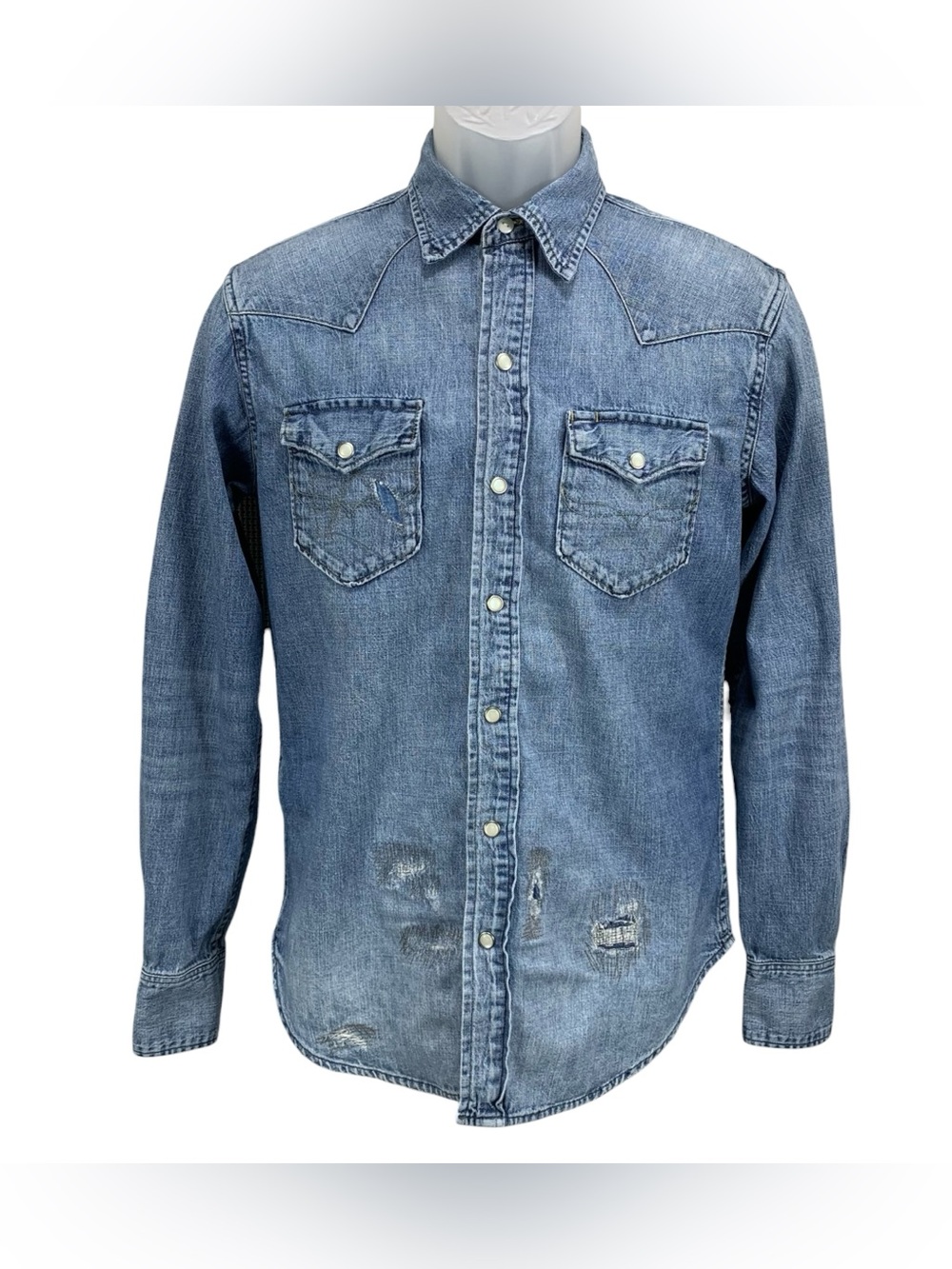 Polo Ralph Lauren Men Small Denim Western Pearl Snap Button Shirt Distressed